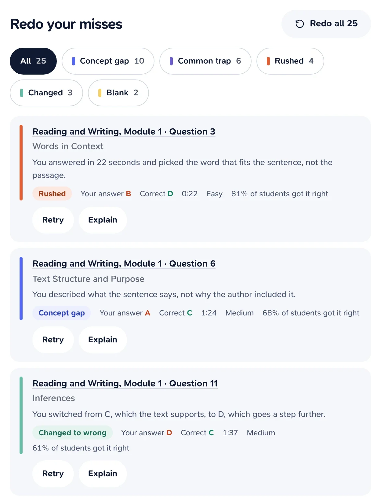 The Redo your misses list with filters by mistake type and three missed questions, each with a reason, your answer, the correct answer and Retry and Explain buttons.