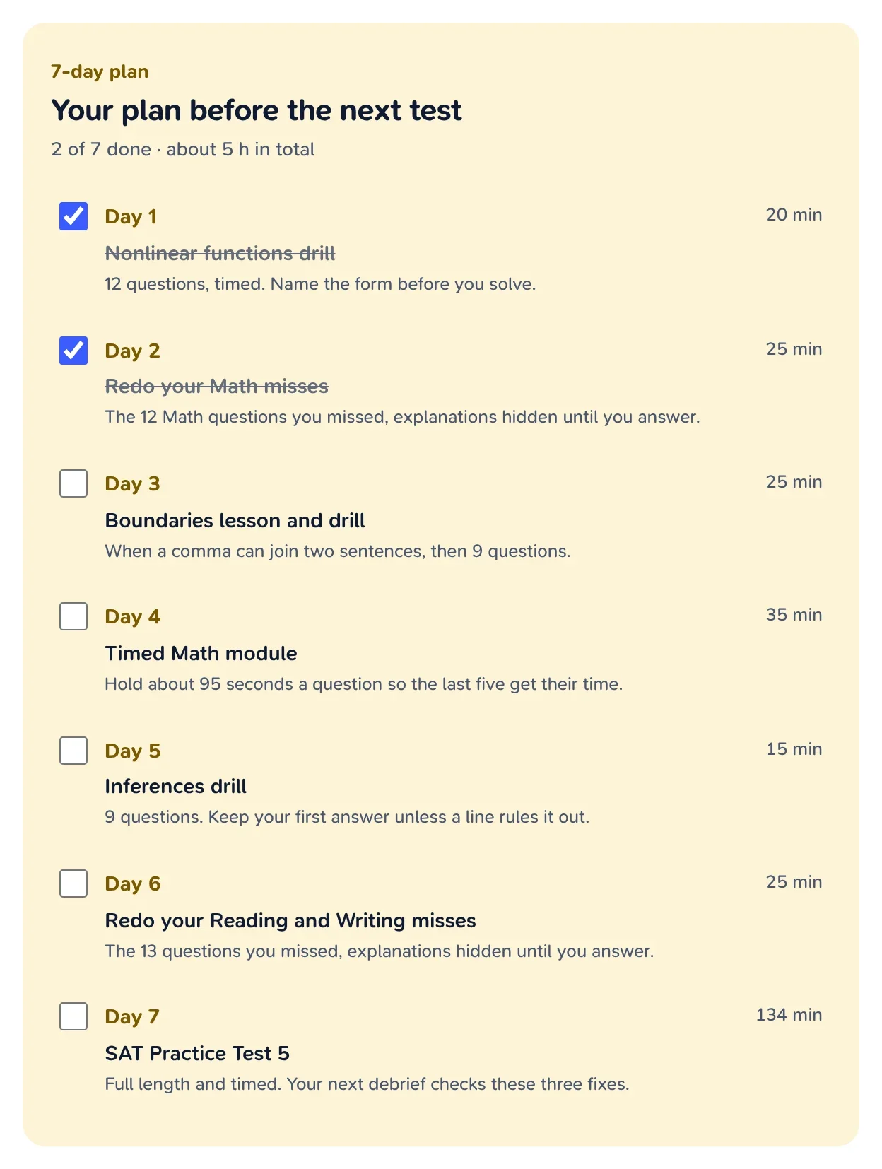 A 7-day plan with a task, a short description and minutes for each day, the first two days ticked.