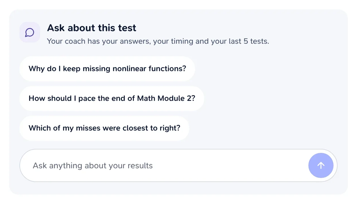 The coach box with three suggested questions about the test and a field to ask your own.