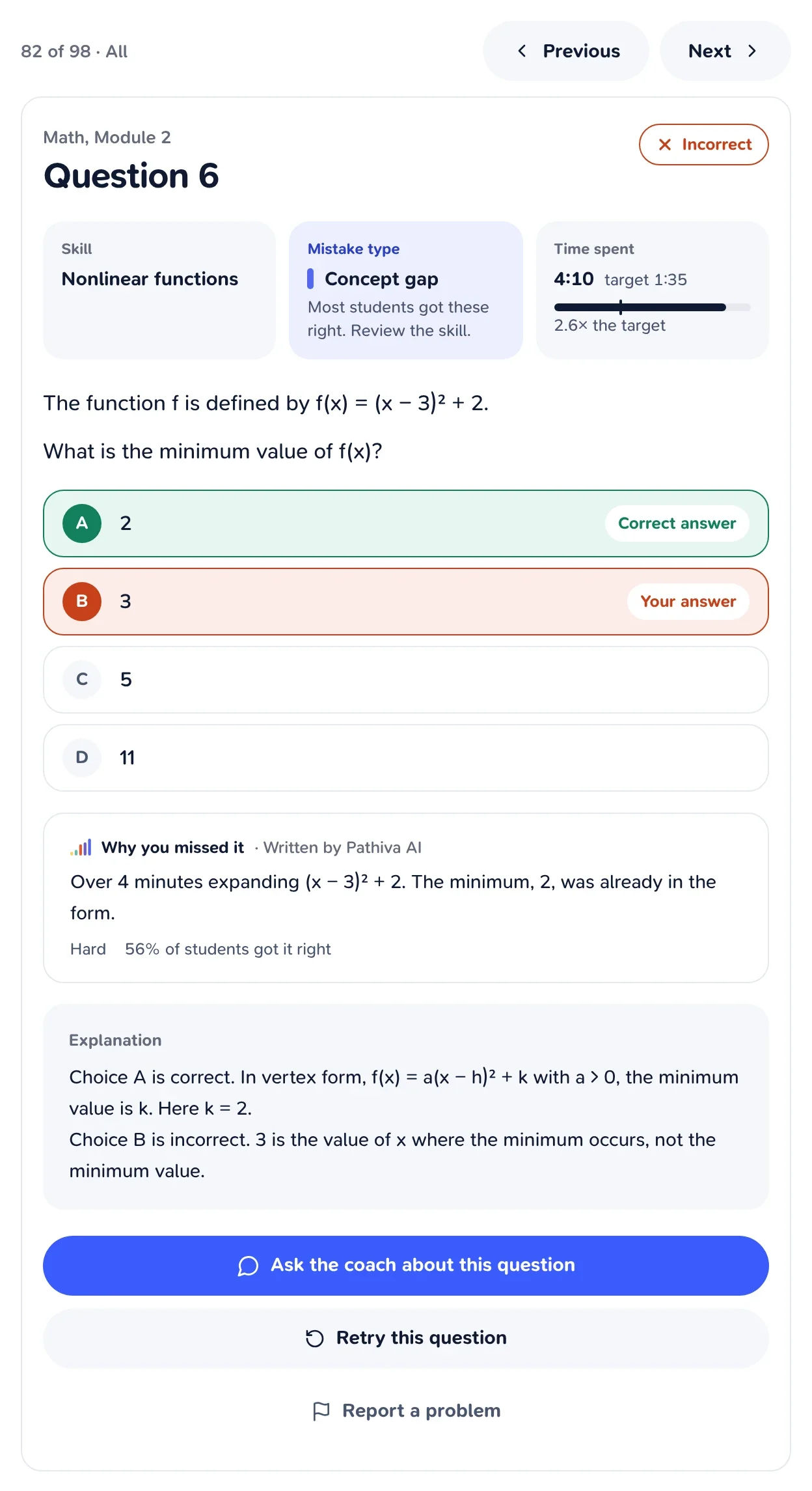 Question 6 of Math Module 2 opened: skill, mistake type, 4:10 spent against a 1:35 target, the answer choices, why it was missed and the explanation.
