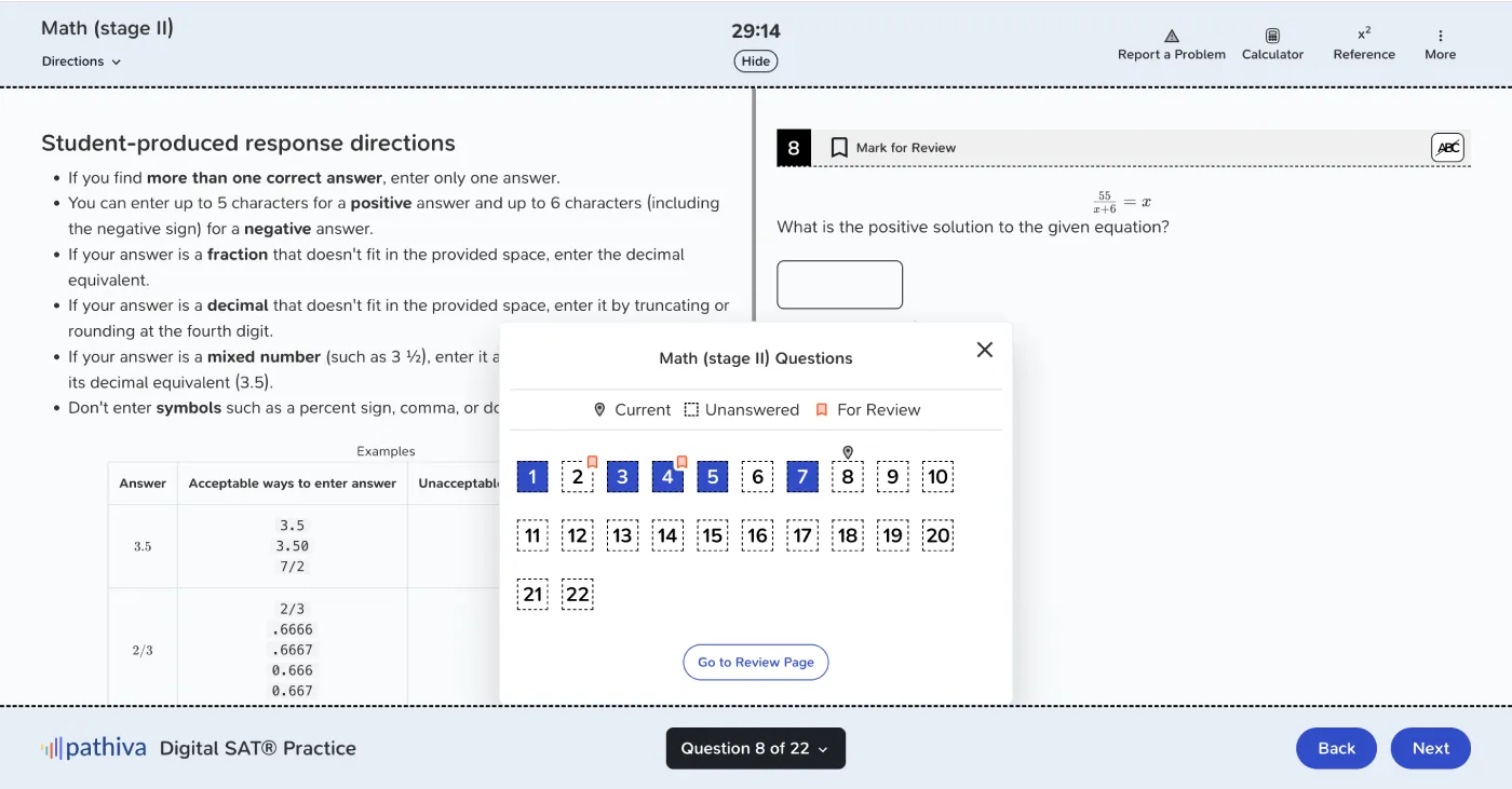 Pathiva practice test screen showing a math question and the question navigator