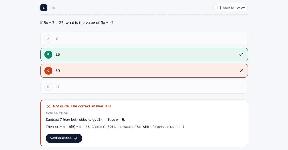 Pathiva practice mode showing an SAT math question with the correct answer marked and a step-by-step explanation